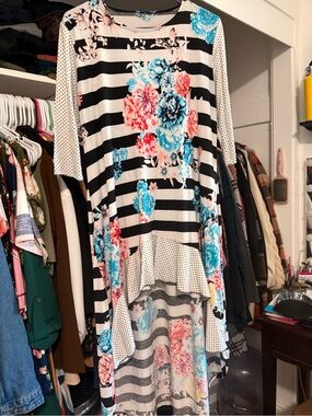 Striped Floral High-Low Tunic Top - Black White with Blue & Coral Flowers